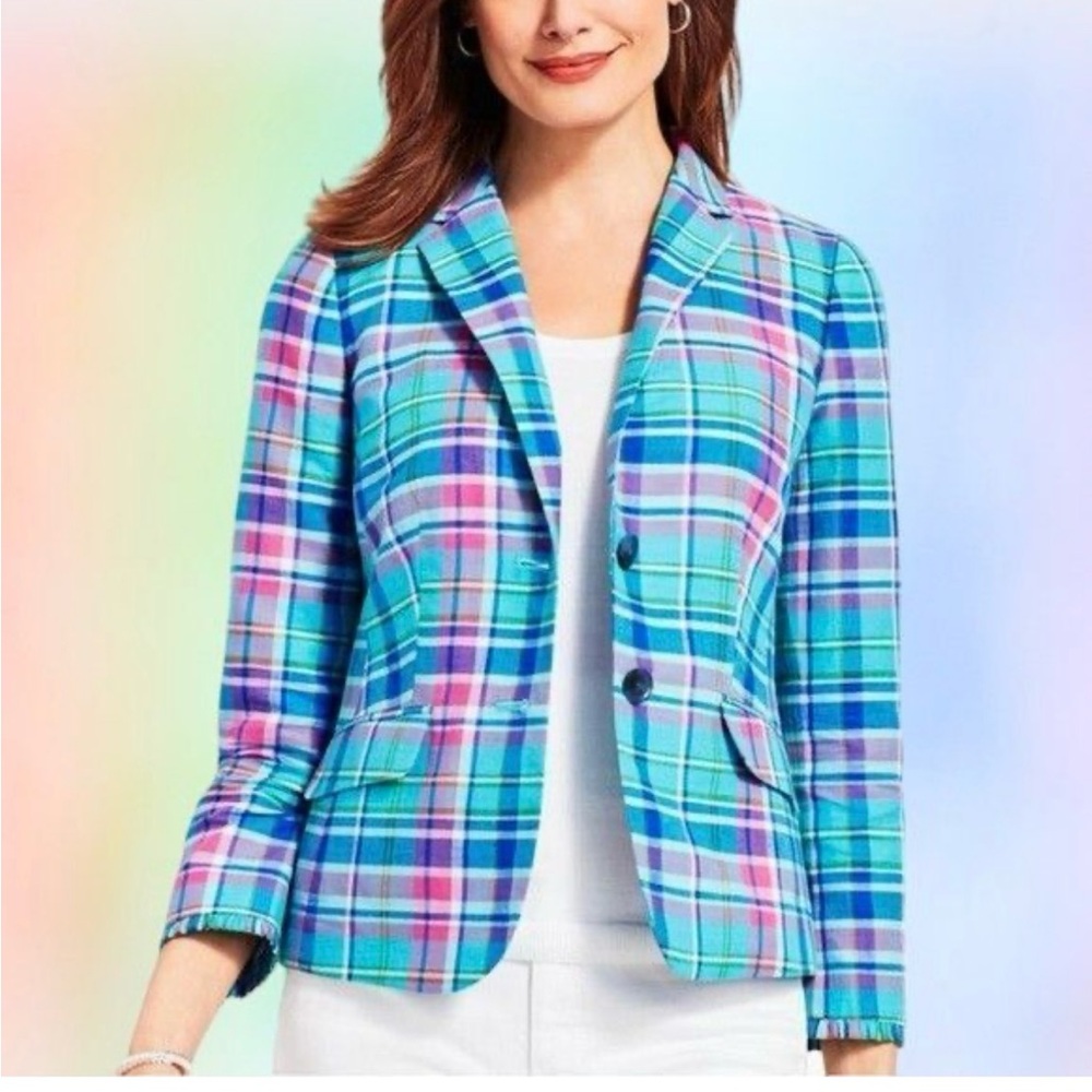 Talbots madras Linen Blend women’s 4 Turquoise Blazer 3/4 sleeves